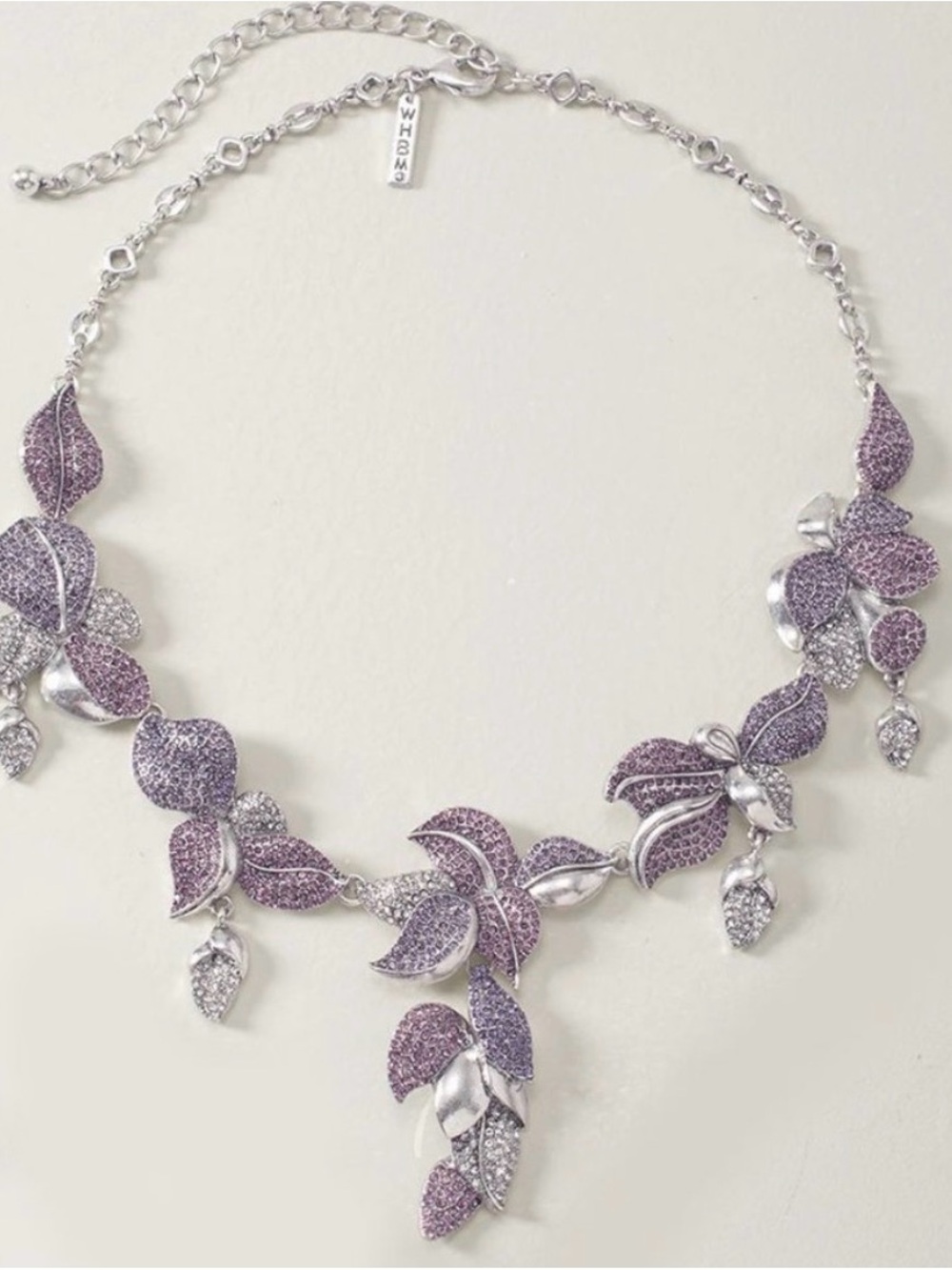 WHBM Pave Rhinestone Statement Necklace Purple Pink Lavender Silver 3D Flowers